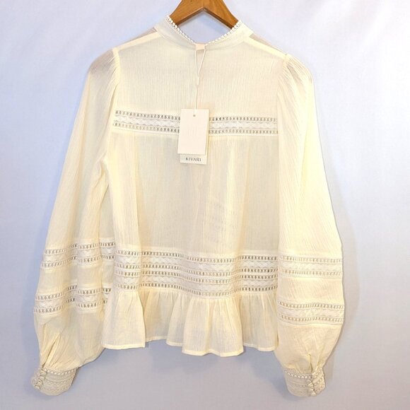 NWT Kivari | "Tana" Cotton Button Front Crochet Detail Blouse in Cream | Size 2* - Picture 7 of 14